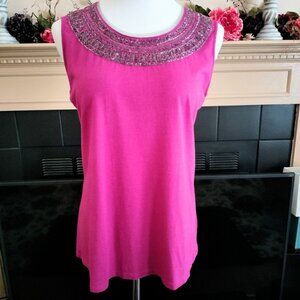Coldwater Creek Knit Top L 14 Fuscia Pink Sleeveless Beaded Sequin Neckline NWOT